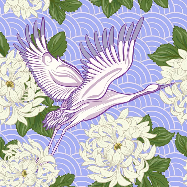 Japon vinç ve Japonca krizantem ile Seamless Modeli