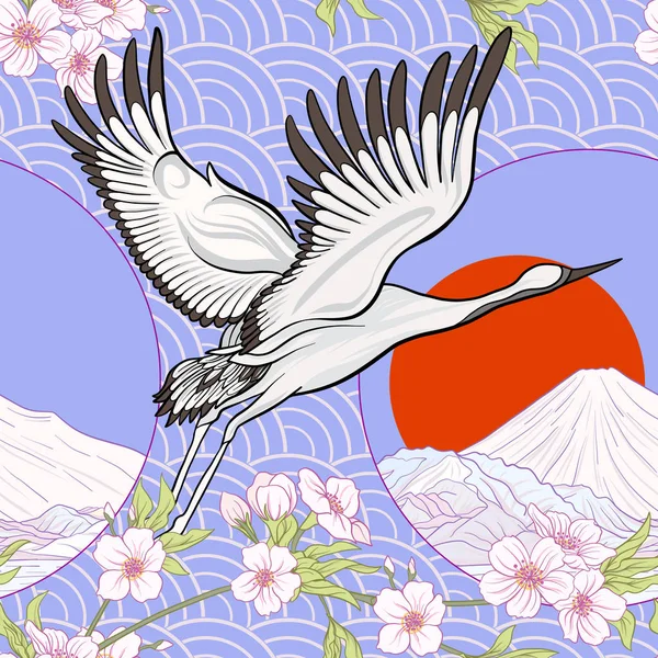 Безшовні візерунок з японським краном і Хризантеми в Japane — стоковий вектор