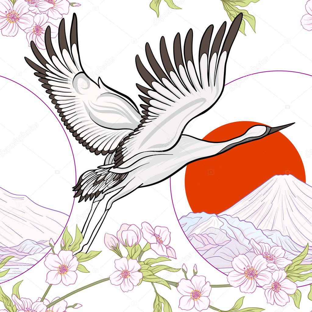 Seamless pattern with Japanese crane and chrysanthemum in Japane