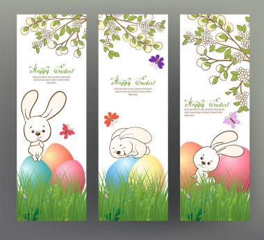 Kümesi kartpostal veya afiş için mutlu Paskalya günü renkli yumurta ile