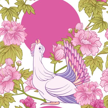 Pembe Şakayık ve kuş Japon tarzı ile Seamless modeli. VEC