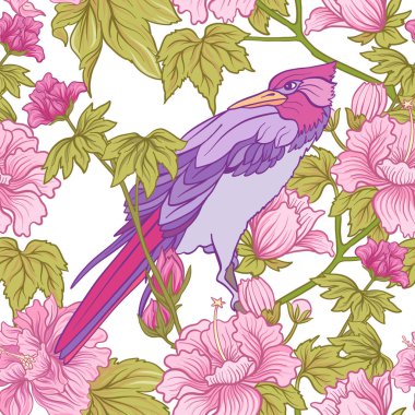 Pembe Şakayık ve kuş Japon tarzı ile Seamless modeli. VEC