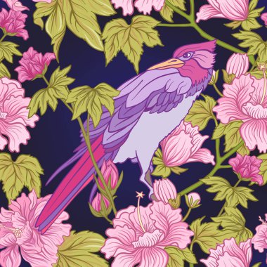 Pembe Şakayık ve kuş Japon tarzı ile Seamless modeli. VEC