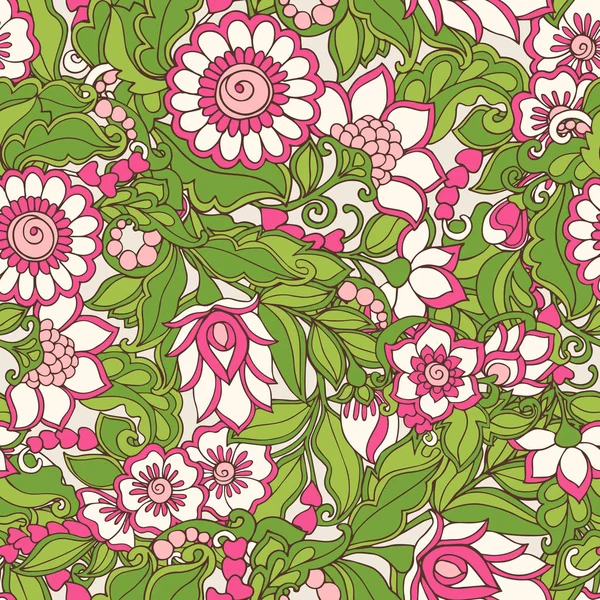 Seamless floral vintage pattern in spring green and pink colors. — Stock Vector