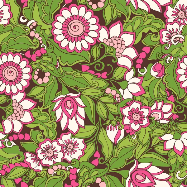 Seamless floral vintage pattern in spring green and pink colors. — Stock Vector