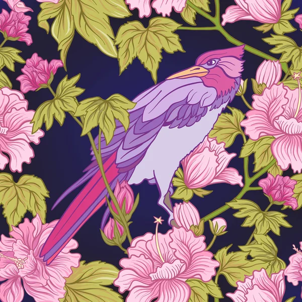 Pembe Şakayık ve kuş Japon tarzı ile Seamless modeli. VEC