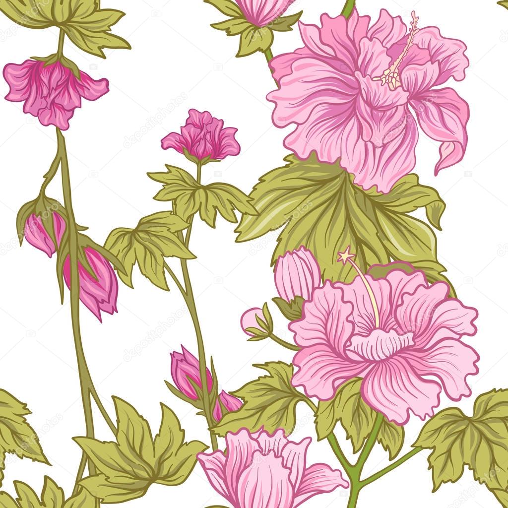 Seamless pattern with pink peony in Japanese style. Vector stock