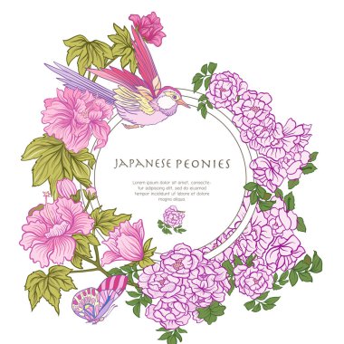 Poster veya kartpostal kuş ve kelebek ve pembe Japon peo ile