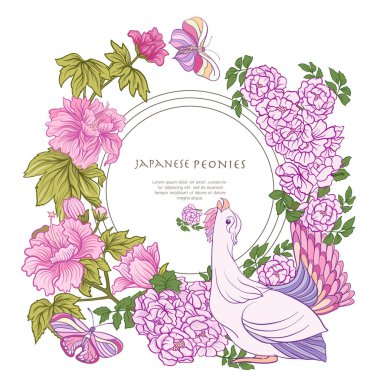 Poster veya kartpostal kuş ve kelebek ve pembe Japon peo ile