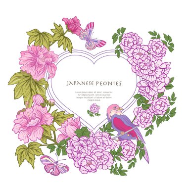 Poster veya kartpostal kuş ve kelebek ve pembe Japon peo ile