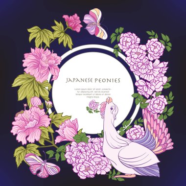 Poster veya kartpostal kuş ve kelebek ve pembe Japon peo ile