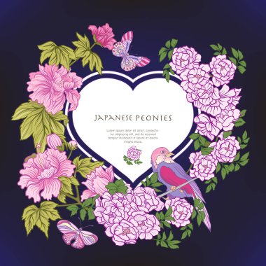 Poster veya kartpostal kuş ve kelebek ve pembe Japon peo ile