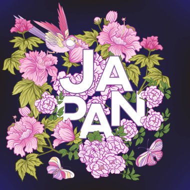 Poster veya kartpostal pembe Japon Şakayık ve yaban gülü ve b