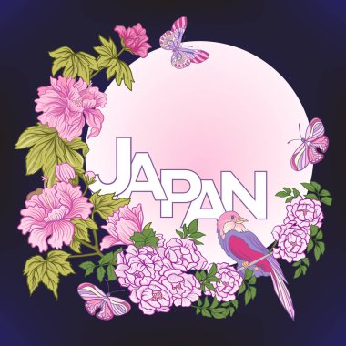 Poster veya kartpostal pembe Japon Şakayık ve yaban gülü ve b