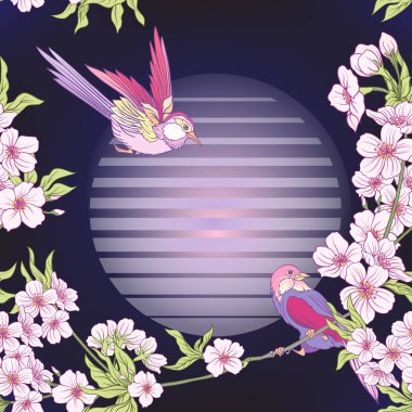 Japon çiçeği sakura ve vinç, kuş ile Seamless modeli. V