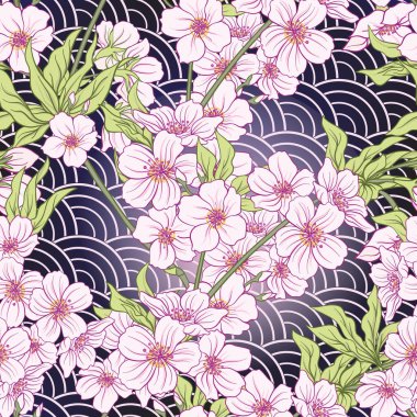 Japon çiçeği sakura ile Seamless modeli. Vektör hisse senedi Hüseyin