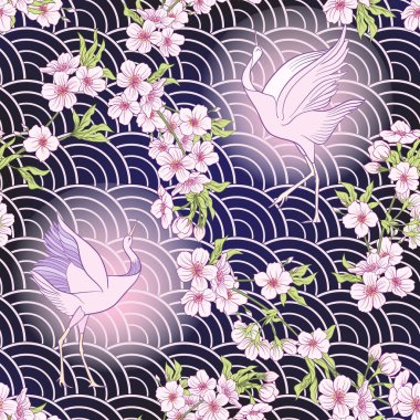 Japon çiçeği sakura ve vinç, kuş ile Seamless modeli. V