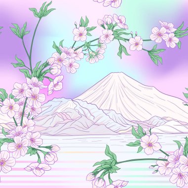 Japon çiçeği sakura ve Fuji Dağı ile Seamless modeli. Ve