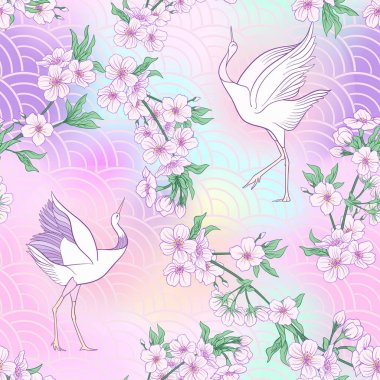 Seamless pattern with Japanese blossom sakura and crane. Vector clipart