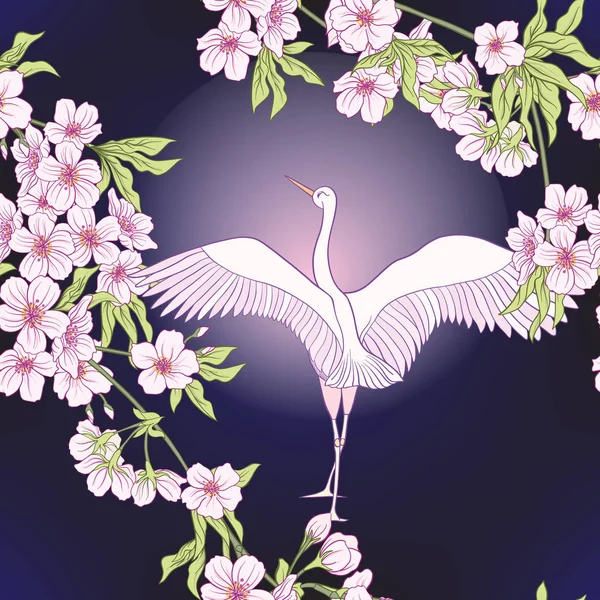 Japon çiçeği sakura ve vinç, kuş ile Seamless modeli. V