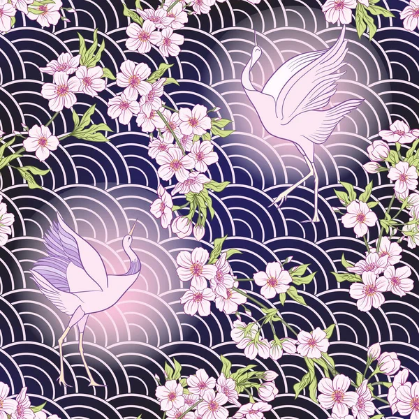 Japon çiçeği sakura ve vinç, kuş ile Seamless modeli. V