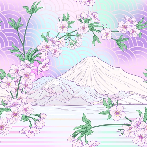 Japon çiçeği sakura ve Fuji Dağı ile Seamless modeli. Ve