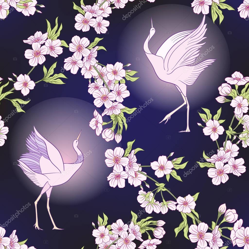 Seamless pattern with Japanese blossom sakura and crane, bird. V