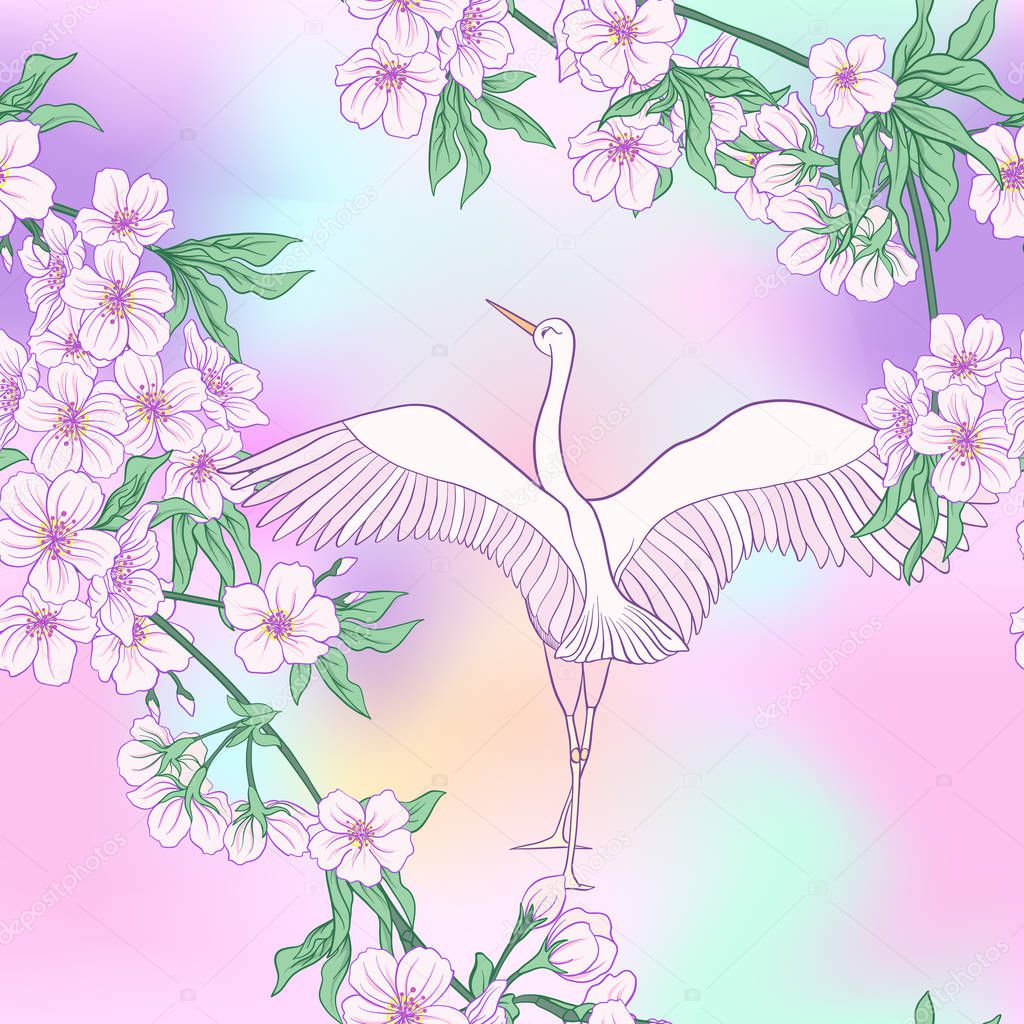 Seamless pattern with Japanese blossom sakura and crane. Vector