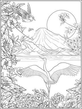 Japon yatay, Fuji Dağı ve gelenek çiçek ve bir b