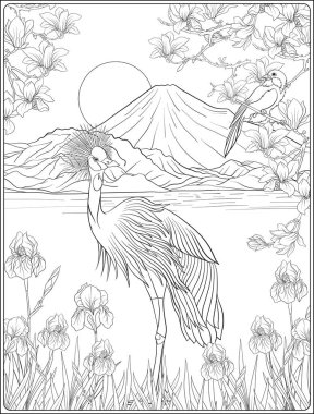 Japon yatay, Fuji Dağı ve gelenek çiçek ve bir b