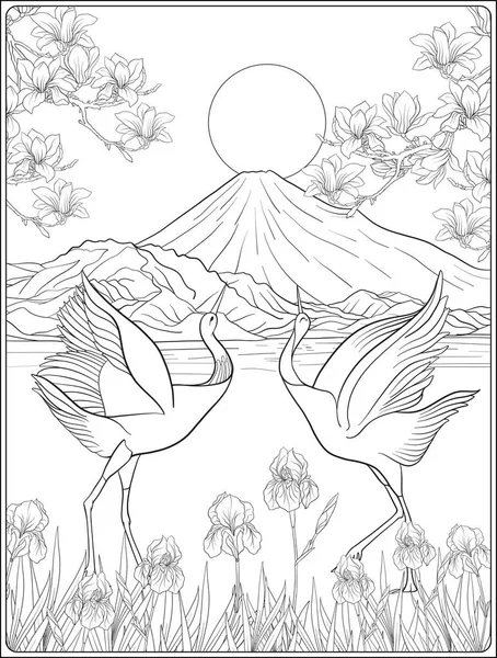 Japon yatay, Fuji Dağı ve gelenek çiçek ve bir b