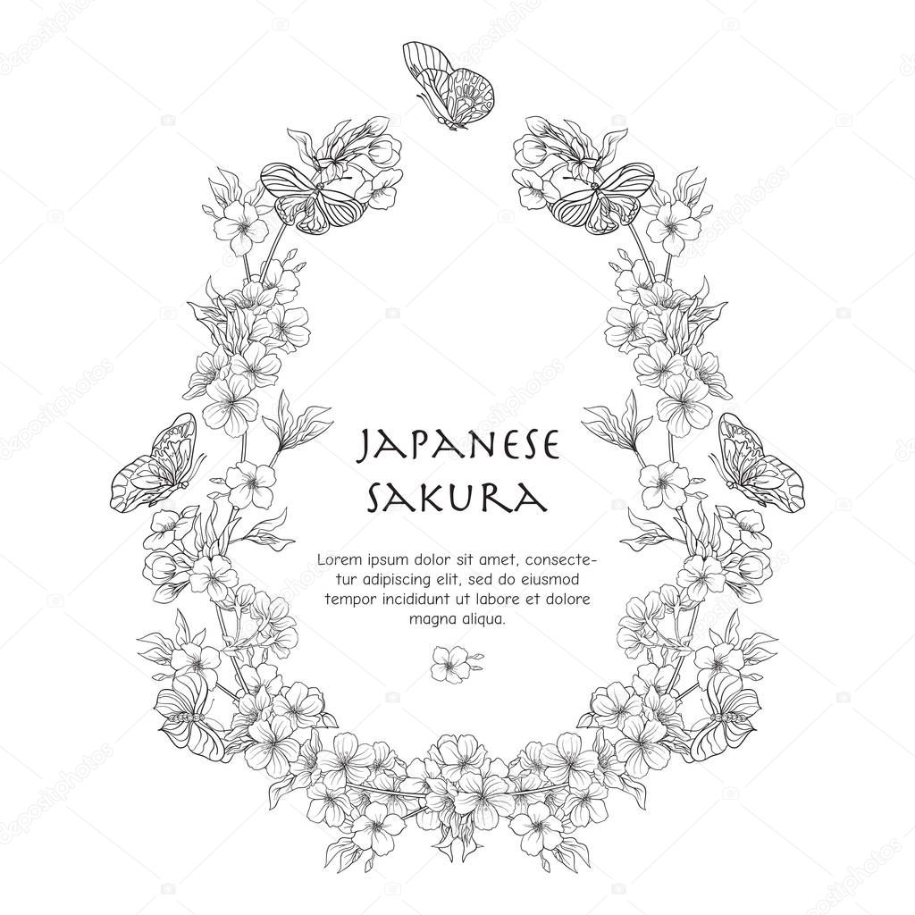 Illustrations with Japanese blossom sakura and with place for te