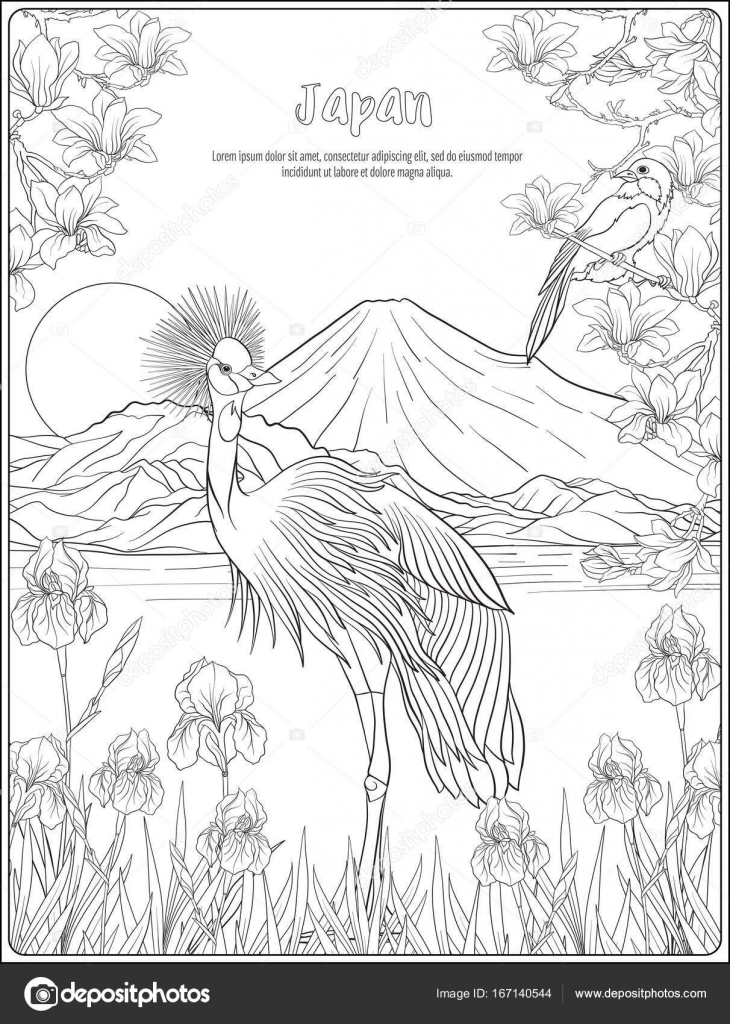 Paesaggio giapponese con il Monte Fuji e fiori di tradizione e un uccello Delineare il disegno da colorare Libro da colorare per adulti
