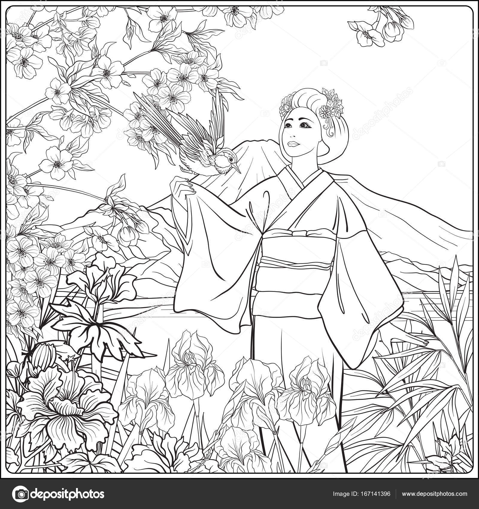 Dibujos Paisajes Japoneses Paisaje Japonés Con Kimo De Mujer