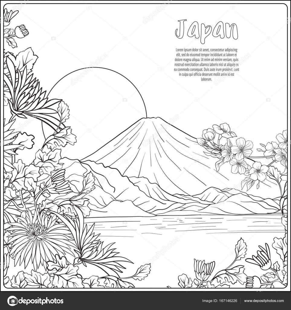 Paesaggio giapponese con il Monte Fuji e fiori di tradizione e un uccello Delineare il disegno da colorare Libro da colorare per adulti