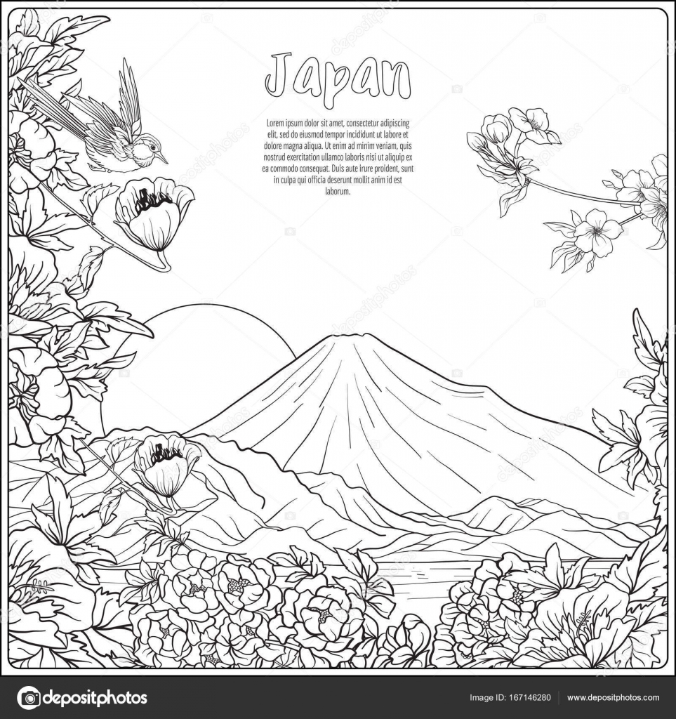 Paesaggio giapponese con il Monte Fuji e fiori di tradizione e un uccello Delineare il disegno da colorare Libro da colorare per adulti