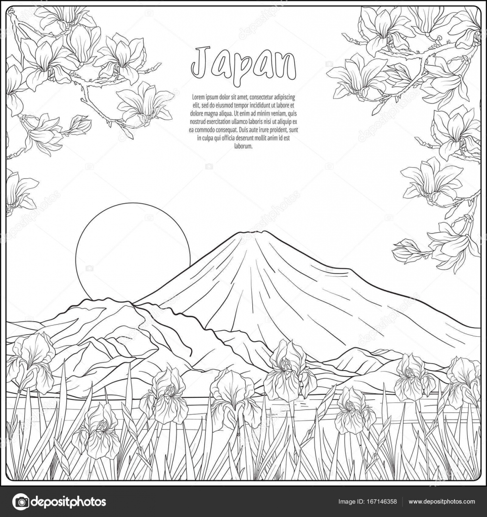 Paesaggio giapponese con il Monte Fuji e fiori di tradizione e un uccello Delineare il disegno da colorare Libro da colorare per adulti