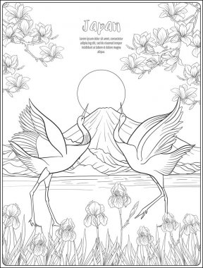 Japon yatay, Fuji Dağı ve gelenek çiçek ve bir b