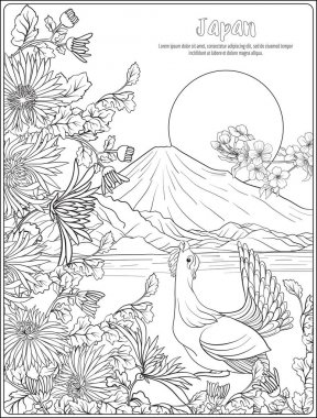 Japon yatay, Fuji Dağı ve gelenek çiçek ve bir b