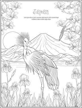 Japon yatay, Fuji Dağı ve gelenek çiçek ve bir b