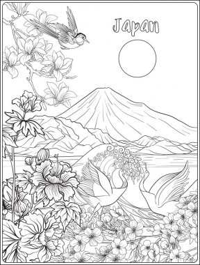 Fuji Dağı, deniz ve Japon kadın kimo, Japon yatay