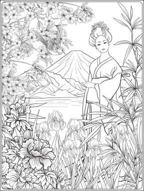 Fuji Dağı, deniz ve Japon kadın kimo, Japon yatay