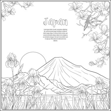 Japon yatay, Fuji Dağı ve gelenek çiçek ve bir b