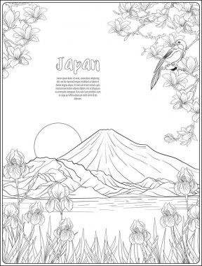 Japon yatay, Fuji Dağı ve gelenek çiçek ve bir b