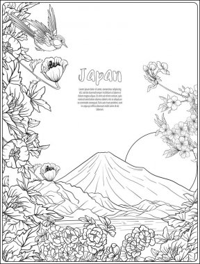 Japon yatay, Fuji Dağı ve gelenek çiçek ve bir b