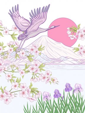 Çok renkli resimde Japon yatay, Fuji Dağı ve t