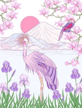 Çok renkli resimde Japon yatay, Fuji Dağı ve t