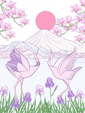 Çok renkli resimde Japon yatay, Fuji Dağı ve t