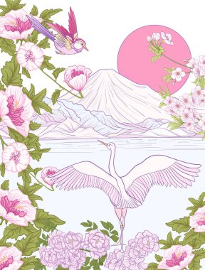 Çok renkli resimde Japon yatay, Fuji Dağı ve t