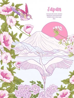 Çok renkli resimde Japon yatay, Fuji Dağı ve t